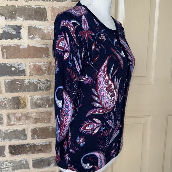 Talbots Charming Collection Blue & Pink Winding Paisley Cardigan Sweater Sz S - Picture 4 of 13